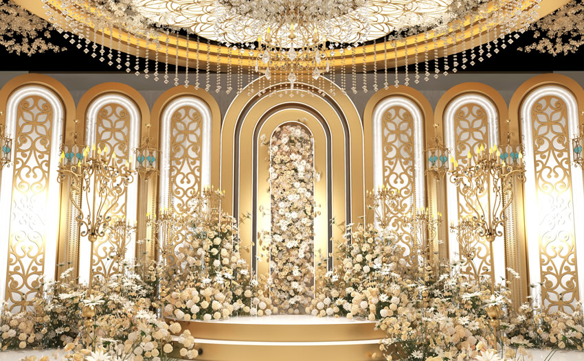 崂山香槟色调婚礼堂效果展示